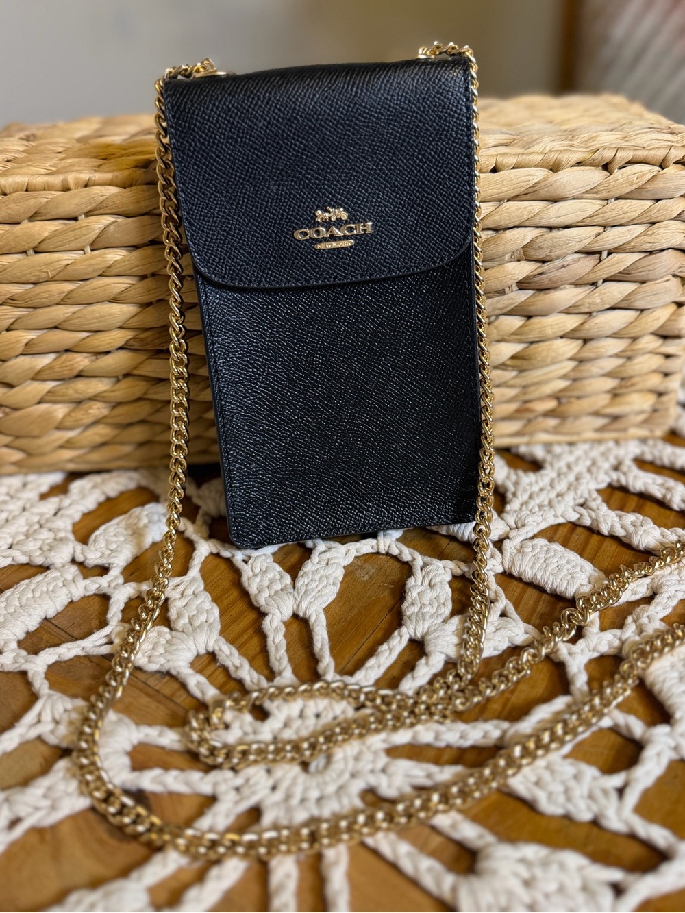 Coach Black Crossgrain Leather Phone Crossbody Gold Chain Mini Bag